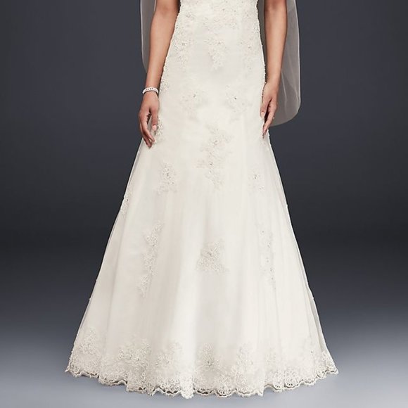 David's Bridal Cap Sleeve Lace Over Satin Wedding Dress Ivory T3299 NWOT - Picture 2 of 13